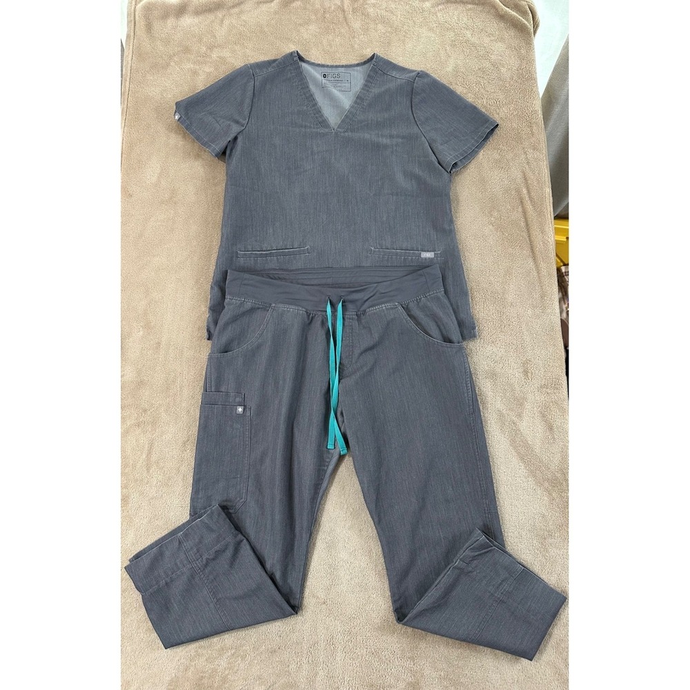 FIGS Scrub Set Casma Top M Womens Gray Kade Cargo Pants Large Petite EUC